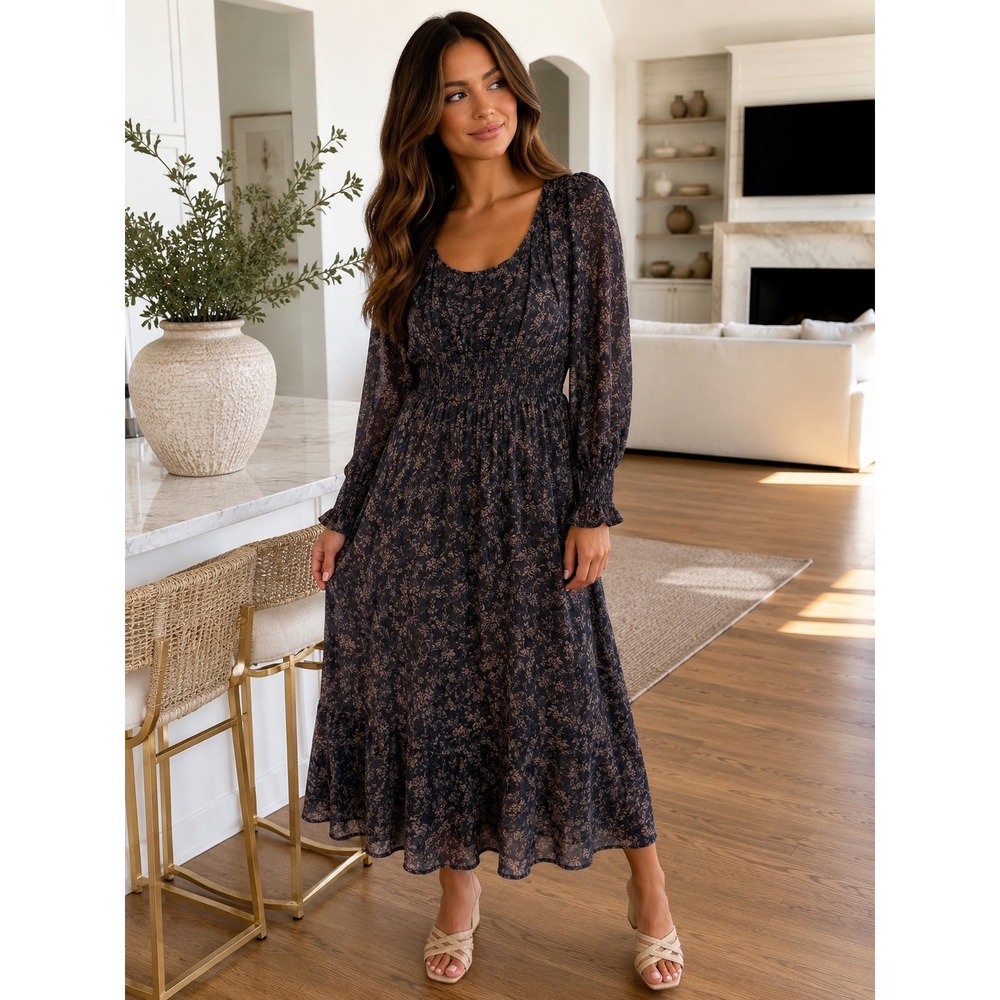 Bohme Floral Smocked Midi Dress Navy Purple Long Sleeve Cottagecore Boho Size M